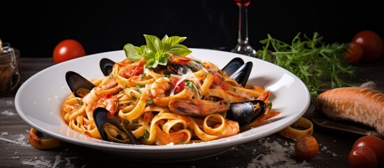 Seafood pasta with shrimp mussels and squid rings topped with parmesan cheese served with wine on a table Copy space image Place for adding text or design