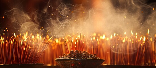 Using aromatic incense sticks for prayer to show reverence to Buddha or Hindu deities Copy space image Place for adding text or design - obrazy, fototapety, plakaty