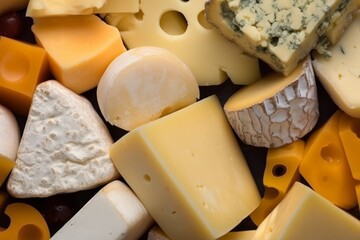 Various types of cheese, showcasing a delectable assortment of textures, colors, and flavors. Rich diversity and culinary appeal of different cheese varieties. - obrazy, fototapety, plakaty