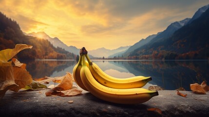 Envision a happy banana character surrounded by the ethereal beauty of a fantastic autumn sunset reflecting on the tranquil waters of Hintersee lake - obrazy, fototapety, plakaty