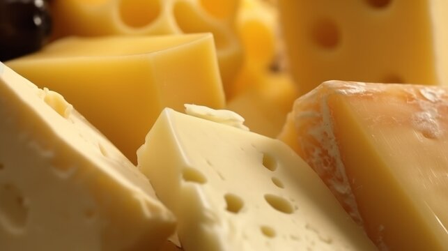 Various types of cheese, showcasing a delectable assortment of textures, colors, and flavors. Rich diversity and culinary appeal of different cheese varieties.