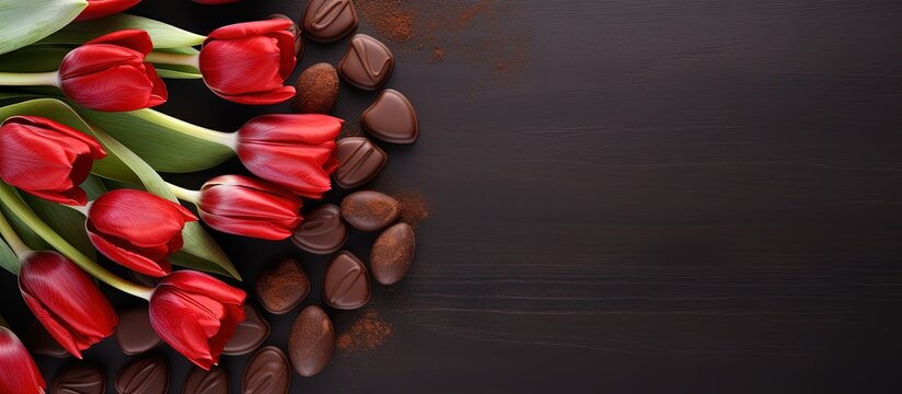 Valentine s Day gift fancy chocolates and tulips Copy space image Place for adding text or design