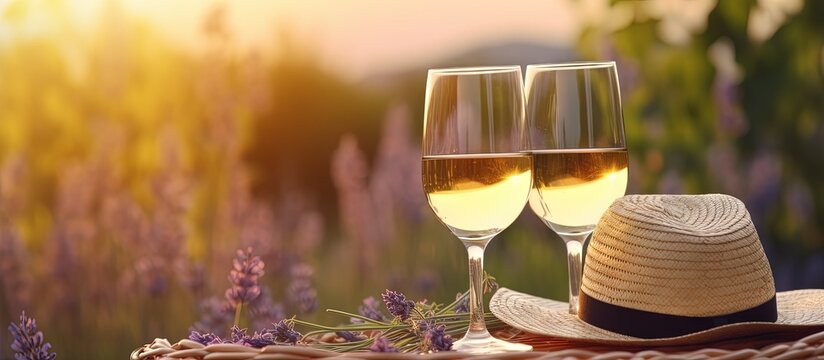 White wine glasses and bottle against a lavender field backdrop Straw hat flower basket lavender on a picnic blanket Romantic sunset in Provence France Copy space image Place for adding text or