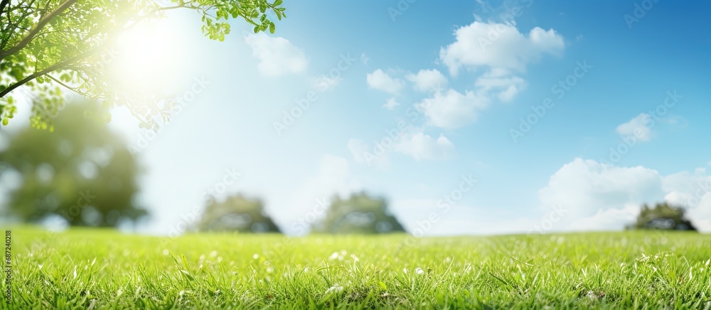 Aufkleber spring nature with a tidy lawn trees and a blue sky on a sunny day copy space image place for adding