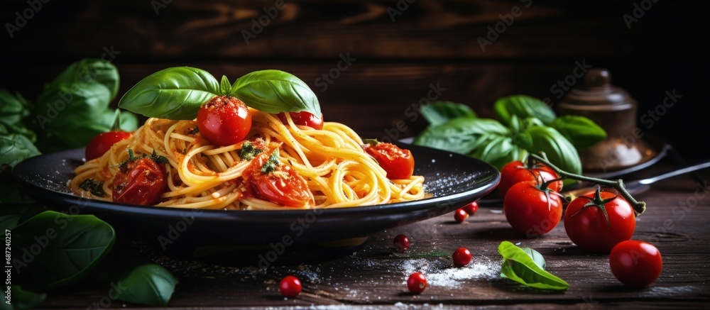 Poster traditional homemade italian spaghetti pasta served on a rustic dark table with a wooden background 