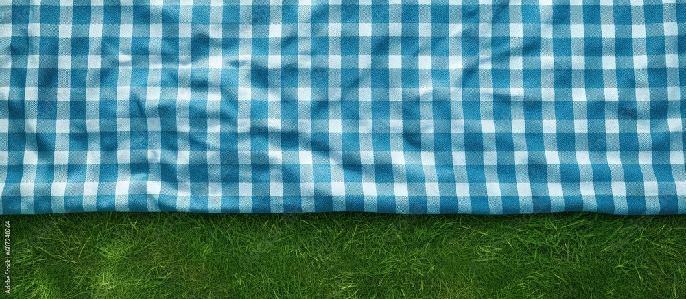 Poster Top view of a country style checkered towel on green grass serving as a backdrop for a food advertisement display Copy space image Place for adding text or design