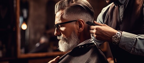 Unidentified barber creating a trendy haircut with specialized tools in a barbershop Barber s training Copy space image Place for adding text or design