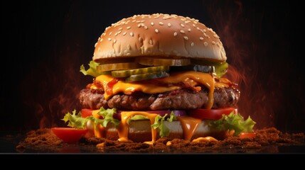 delicious huge burger with capybara meat, dark background, food photography, 16:9