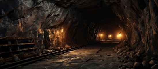 Underground mining tunnel with pipelines on the ceiling and rail track for trolleys Copy space image Place for adding text or design - obrazy, fototapety, plakaty