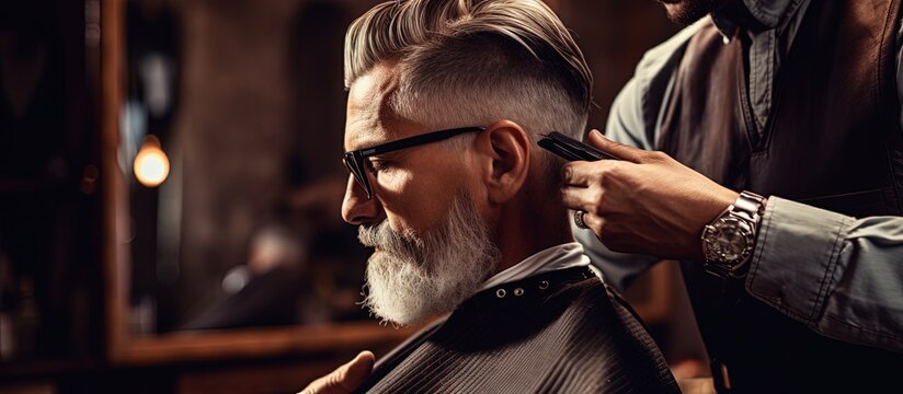 Unidentified barber creating a trendy haircut with specialized tools in a barbershop Barber s training Copy space image Place for adding text or design