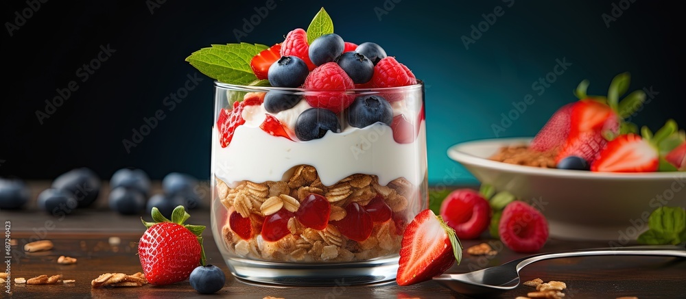 Poster Tasty treat with creamy fruity and crunchy layers Copy space image Place for adding text or design
