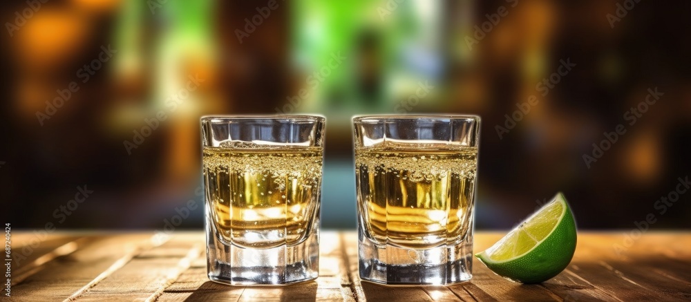 Aufkleber Tequila drinks in a bar with lime some in silver and gold glasses Copy space image Place for adding text or design