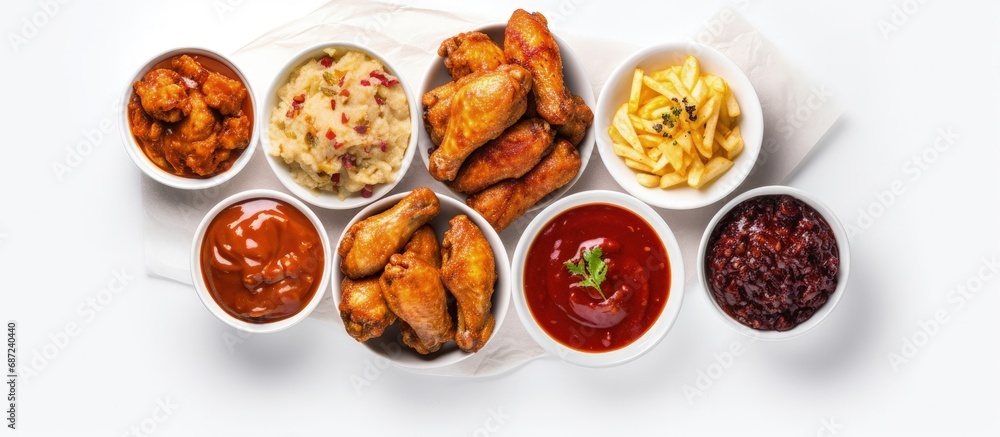 Poster Top view of air fryer chicken wings with chili glaze and assorted sauces on a white background Copy space image Place for adding text or design
