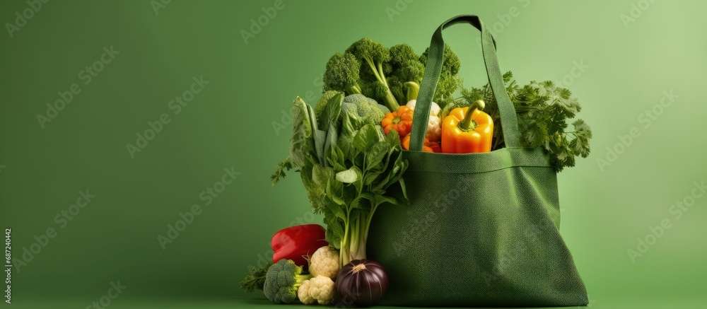 Poster sustainable lifestyle with eco bag fresh vegetables fabric shopper vegan concept zero waste organic 