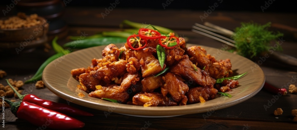 Poster spiced tempeh stir fried with shallots garlic salt bay leaf laos and chilies served on a table copy 