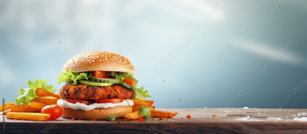 Poster Vegan burger with carrot patties and fried potato on table Light background Space for text Copy space image Place for adding text or design