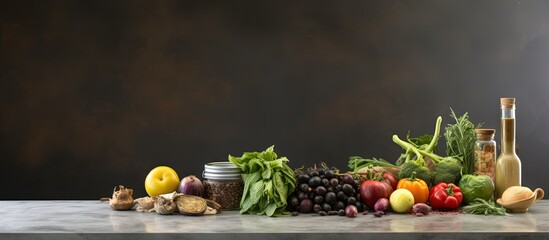 Various food ingredients are placed on the kitchen table next to a marble stone Copy space image...