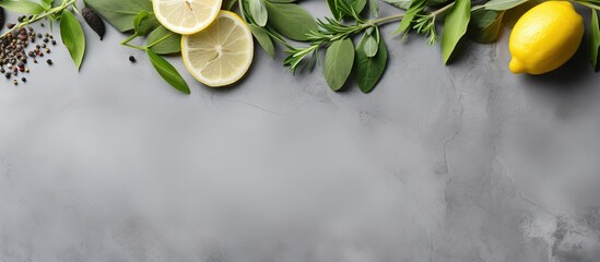 Top view of fresh oysters lemon herbs and ice on a grey background Copy space available Copy space image Place for adding text or design - obrazy, fototapety, plakaty