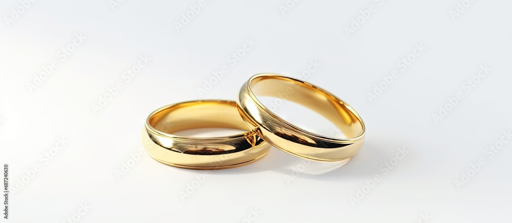 Fototapete white background with panoramic banner displaying wedding rings on a wedding card copy space image p