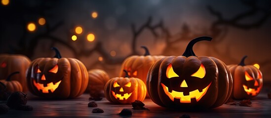Spooky Halloween background with carved pumpkins in dark night bokeh lights and spider web Copy space image Place for adding text or design
