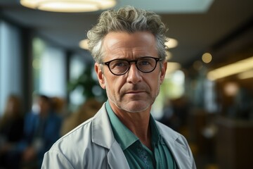 Fototapeta premium Older grey hair man holding a tablet in the hospital hallway,