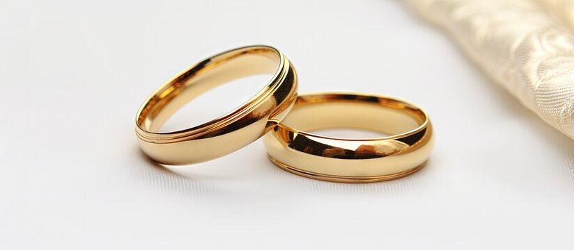 Two isolated golden wedding rings on a white background representing marriage Copy space image Place for adding text or design