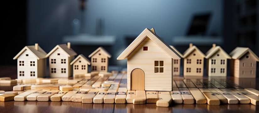 Wooden block model house and dominoes depict home insurance on table Copy space image Place for adding text or design