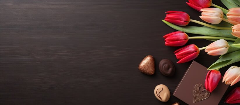 Valentine s Day gift fancy chocolates and tulips Copy space image Place for adding text or design
