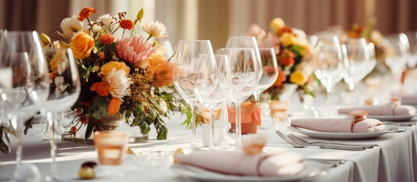 Wedding table adorned with flowers Banquet table styled and adorned with cutlery Copy space image Place for adding text or design