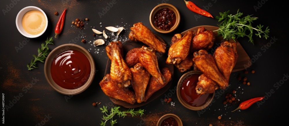 Leinwandbilder Top view of air fryer chicken wings with chili glaze and assorted sauces on a white background Copy space image Place for adding text or design