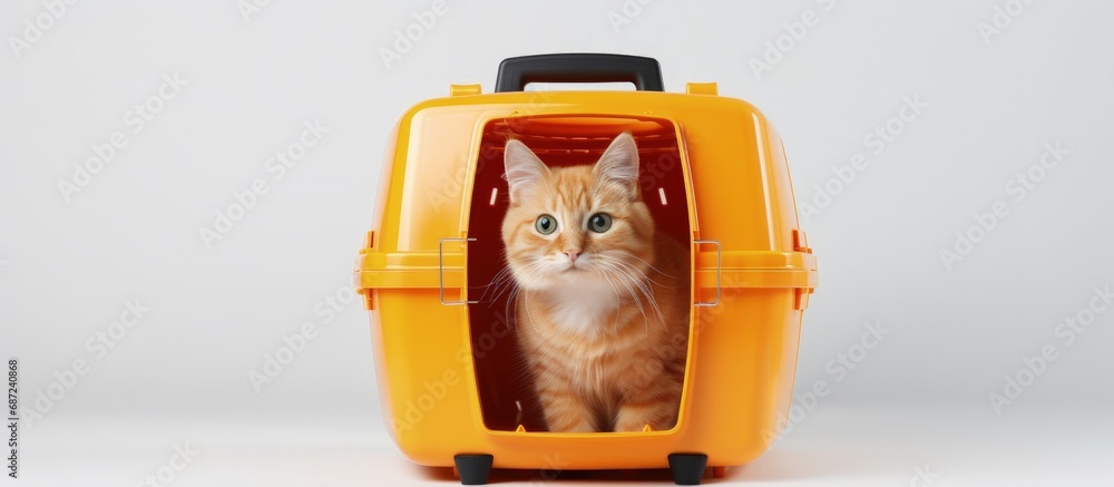 Poster White background plastic carrier for a cat Copy space image Place for adding text or design