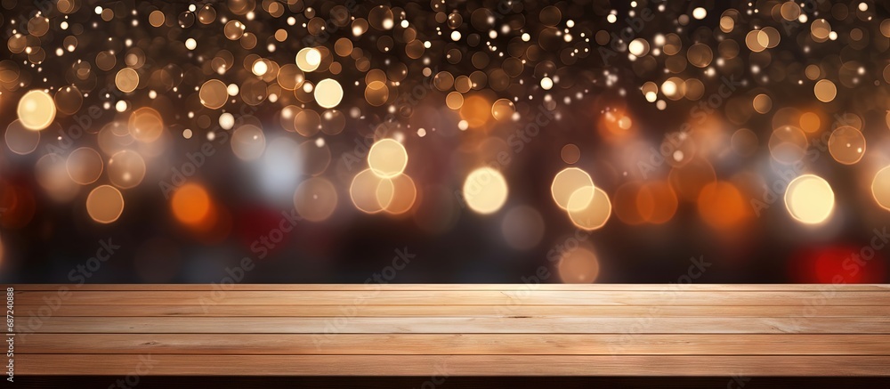 Fototapete Winter bokeh background with empty wooden table for product montage during Christmas holidays Copy space image Place for adding text or design