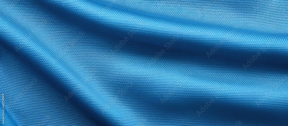 Poster texture of football jersey fabric in blue with stitched details copy space image place for adding te