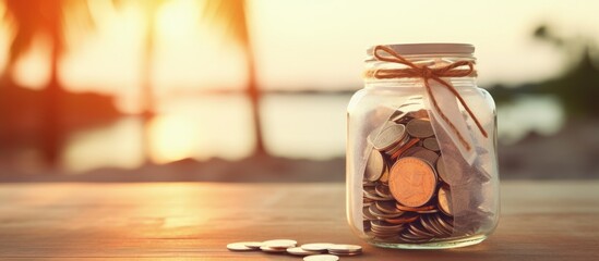 Saving money for a wedding using a vintage jar with coins and a wedding tag tied with hemp rope on a wooden counter Copy space image Place for adding text or design