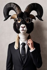 a goat in a suit, tie and a tuxedo