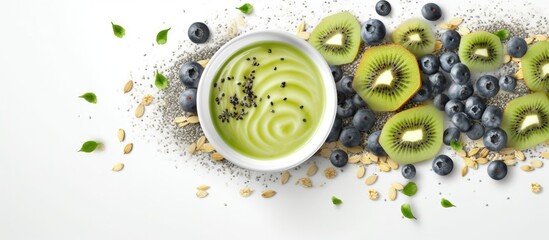 Superfood smoothie bowl with matcha green tea chia flax and pumpkin seeds bee pollen granola coconut flakes kiwi and blueberries displayed from above Copy space image Place for adding text or d - obrazy, fototapety, plakaty