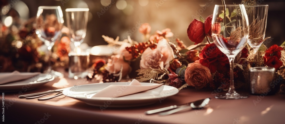 Poster Wedding table adorned with flowers Banquet table styled and adorned with cutlery Copy space image Place for adding text or design