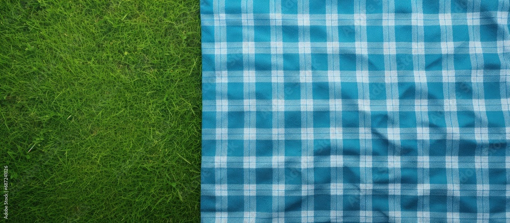 Poster Top view of a country style checkered towel on green grass serving as a backdrop for a food advertisement display Copy space image Place for adding text or design