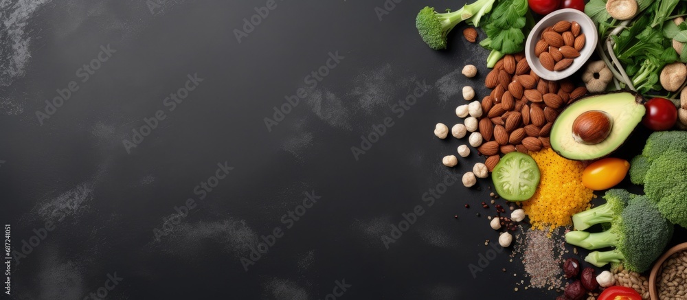 Poster Superfoods like nuts beans greens and seeds on a gray background with room for text Wholesome plant based cuisine Copy space image Place for adding text or design