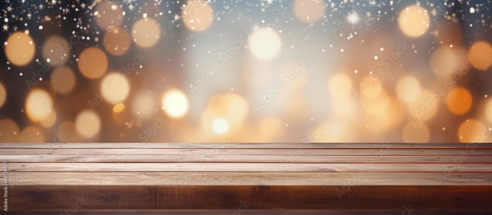 Aufkleber winter bokeh background with empty wooden table for product montage during christmas holidays copy s