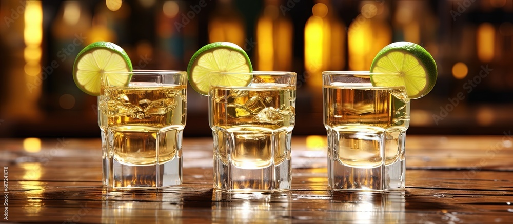 Poster Tequila drinks in a bar with lime some in silver and gold glasses Copy space image Place for adding text or design