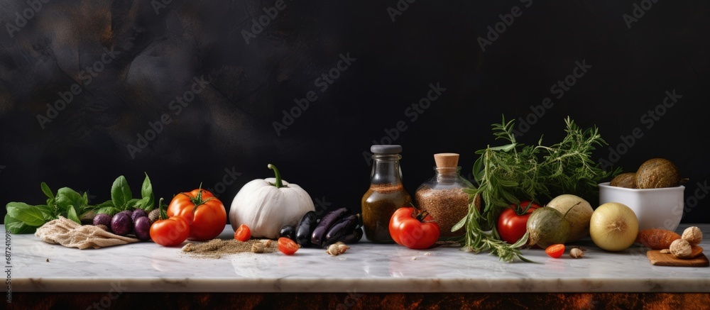 Poster Various food ingredients are placed on the kitchen table next to a marble stone Copy space image Place for adding text or design