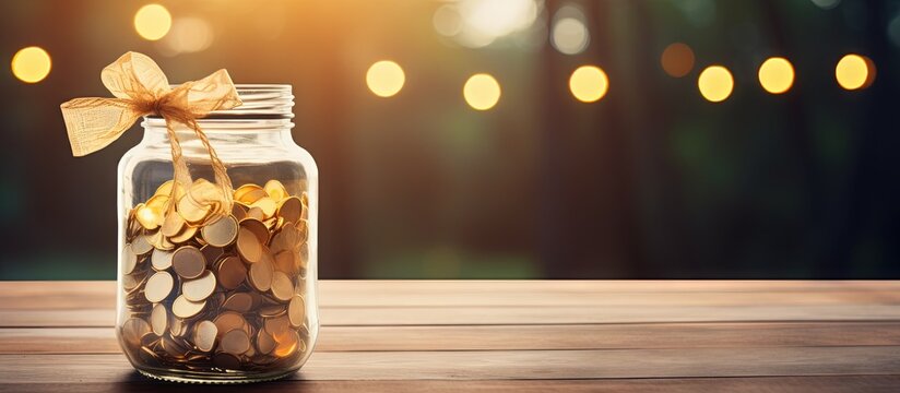 Saving money for a wedding using a vintage jar with coins and a wedding tag tied with hemp rope on a wooden counter Copy space image Place for adding text or design