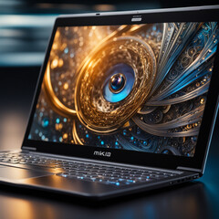 A high-resolution close-up of a sleek metallic laptop with various graphic design software open on its screen