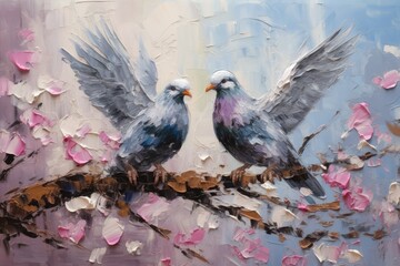 palette knife textured painting Love and pigeons Love Doves pair of pigeons - obrazy, fototapety, plakaty