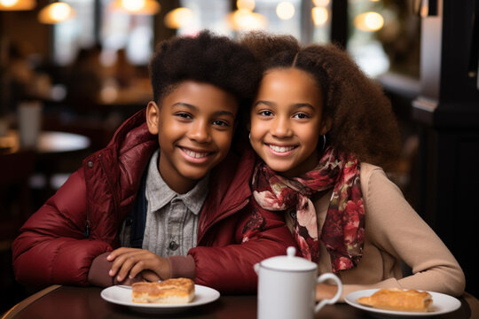 Two African-American happy school pupil teenager kids children in love have romantic date in cafe. First mutual love like each other from young years age relationship sensuality tenderness concept
