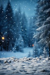 Beautiful winter background of snow and blurred forest in background, Gently falling snow flakes against blue sky, free space for your decoration for your decorations Wide panorama format