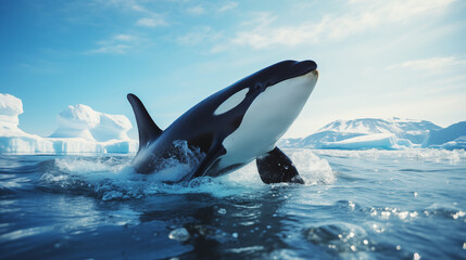 The orca jumps out of the ocean on the Arctic ice background