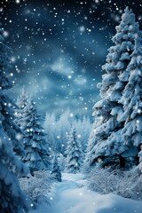 Fototapeta na wymiar Beautiful winter background of snow and blurred forest in background, Gently falling snow flakes against blue sky, free space for your decoration for your decorations Wide panorama format