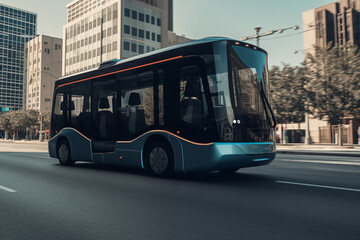 Self driving bus. Autonomous bus driving in city. Future Electric passenger buse. Self-driving passenger electric bus. Public electric E-bus. Driverless bus line with 5g autonomous driving buses.